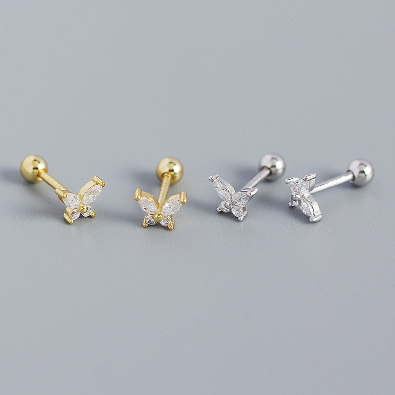 S925 Sterling Silver Butterfly Zircon Screw Back Stud Earrings