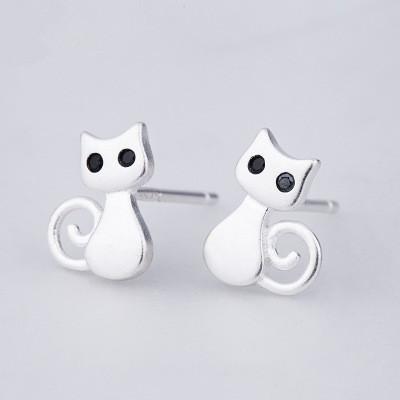 S925 Silver Cat Stud Earrings - Cute Matte Kitten Design for Women