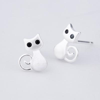 S925 Silver Cat Stud Earrings - Cute Matte Kitten Design for Women