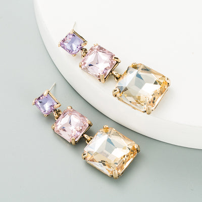 S925 Silver Needle Multilayer Alloy Square Glass Diamond Earrings