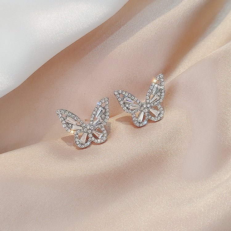 S925 Sterling Silver Needle Retro Butterfly Rhinestone Earrings
