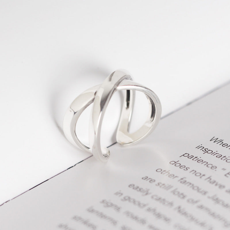 S925 Sterling Silver Korean Cross Open Ring - Minimalist Adjustable Joint Ring