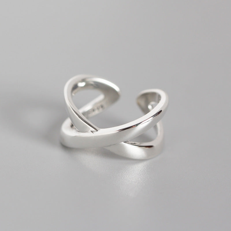 S925 Sterling Silver Korean Cross Open Ring - Minimalist Adjustable Joint Ring
