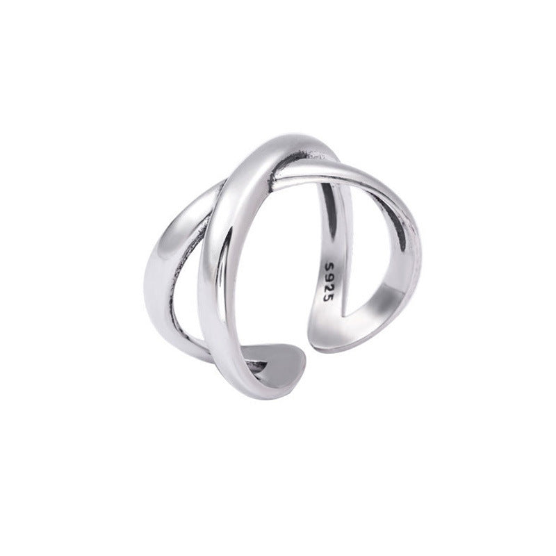 S925 Sterling Silver Korean Cross Open Ring - Minimalist Adjustable Joint Ring