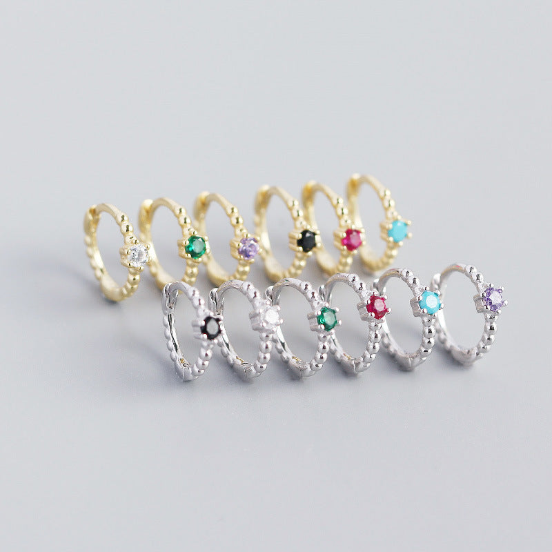 S925 Sterling Silver Round Beads Diamond Hoop Earrings