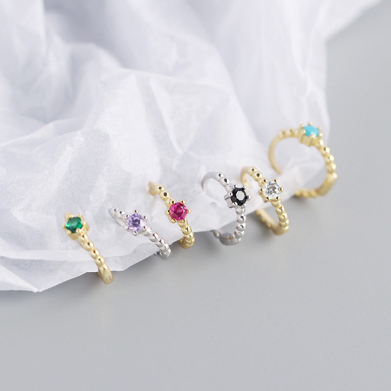 S925 Sterling Silver Round Beads Diamond Hoop Earrings
