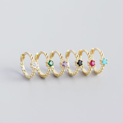 S925 Sterling Silver Round Beads Diamond Hoop Earrings