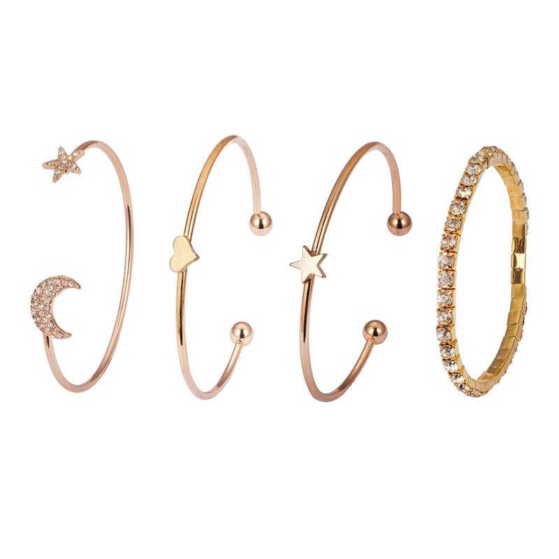 Simple and Stylish Star and Moon Studded Glossy Peach Heart Bracelet Set
