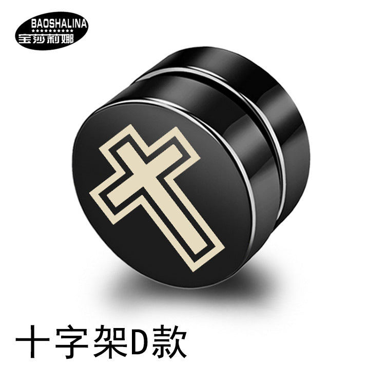 Simple Black Cross Titanium Steel Magnetic Clip-On Earrings