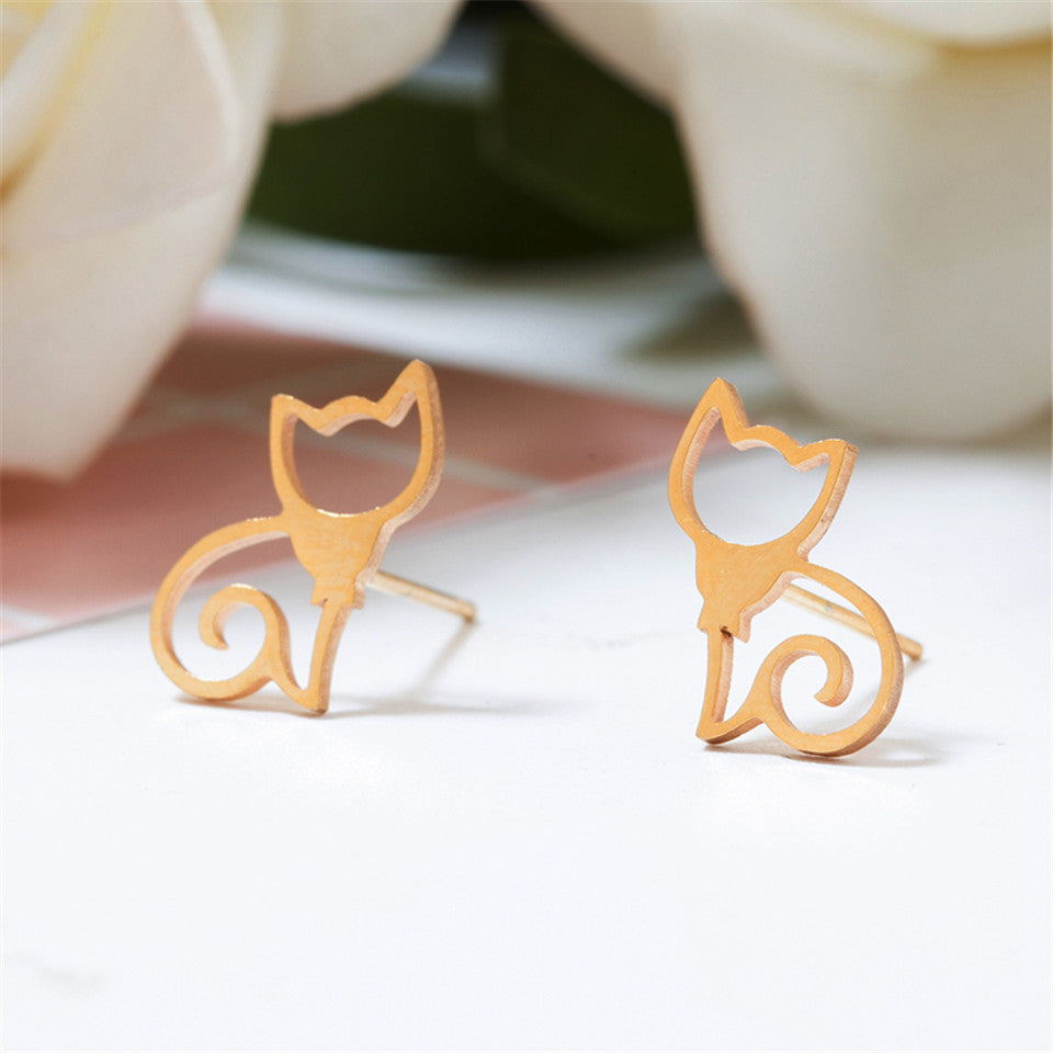 Simple Cat Stainless Steel Stud Earrings for Women