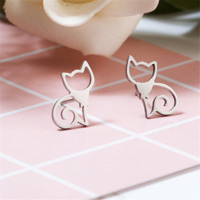 Simple Cat Stainless Steel Stud Earrings for Women