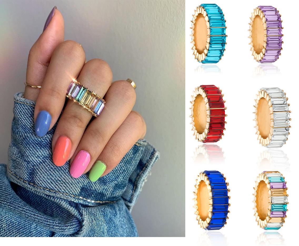 Simple Colorful Stainless Steel Zircon Square Ring
