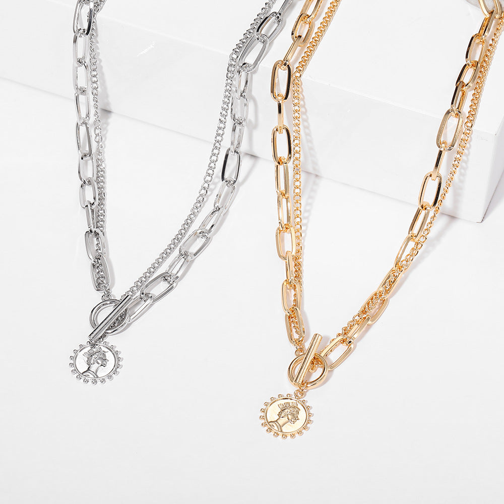 Simple Geometric Metal Necklace with Creative Portrait Pendant