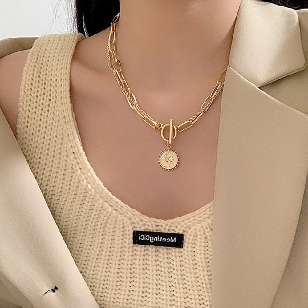 Simple Geometric Metal Necklace with Creative Portrait Pendant