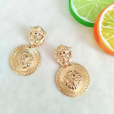 Baroque Lion Head Embossed Metal Earrings