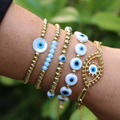 Evil Eye Colored Glaze Gold Bead Multi-Layered Bracelet Set