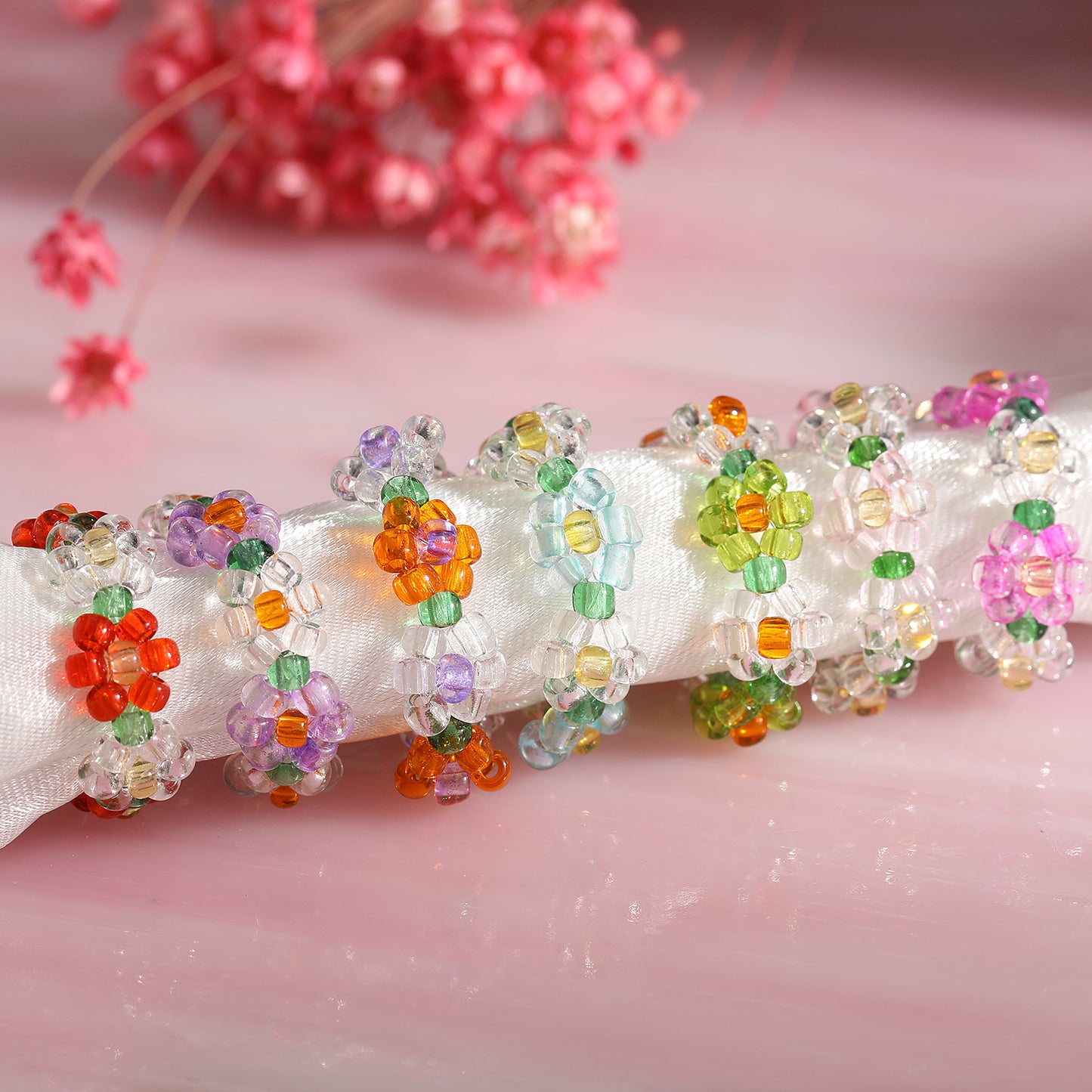 Simple Crystal Bead Elastic Woven Flower Ring in Candy Colors