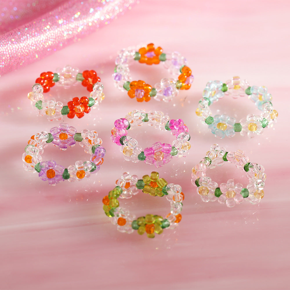Simple Crystal Bead Elastic Woven Flower Ring in Candy Colors