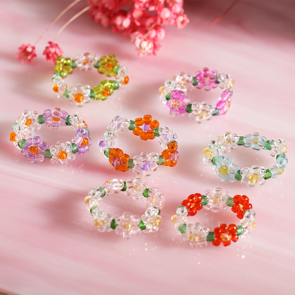 Simple Crystal Bead Elastic Woven Flower Ring in Candy Colors