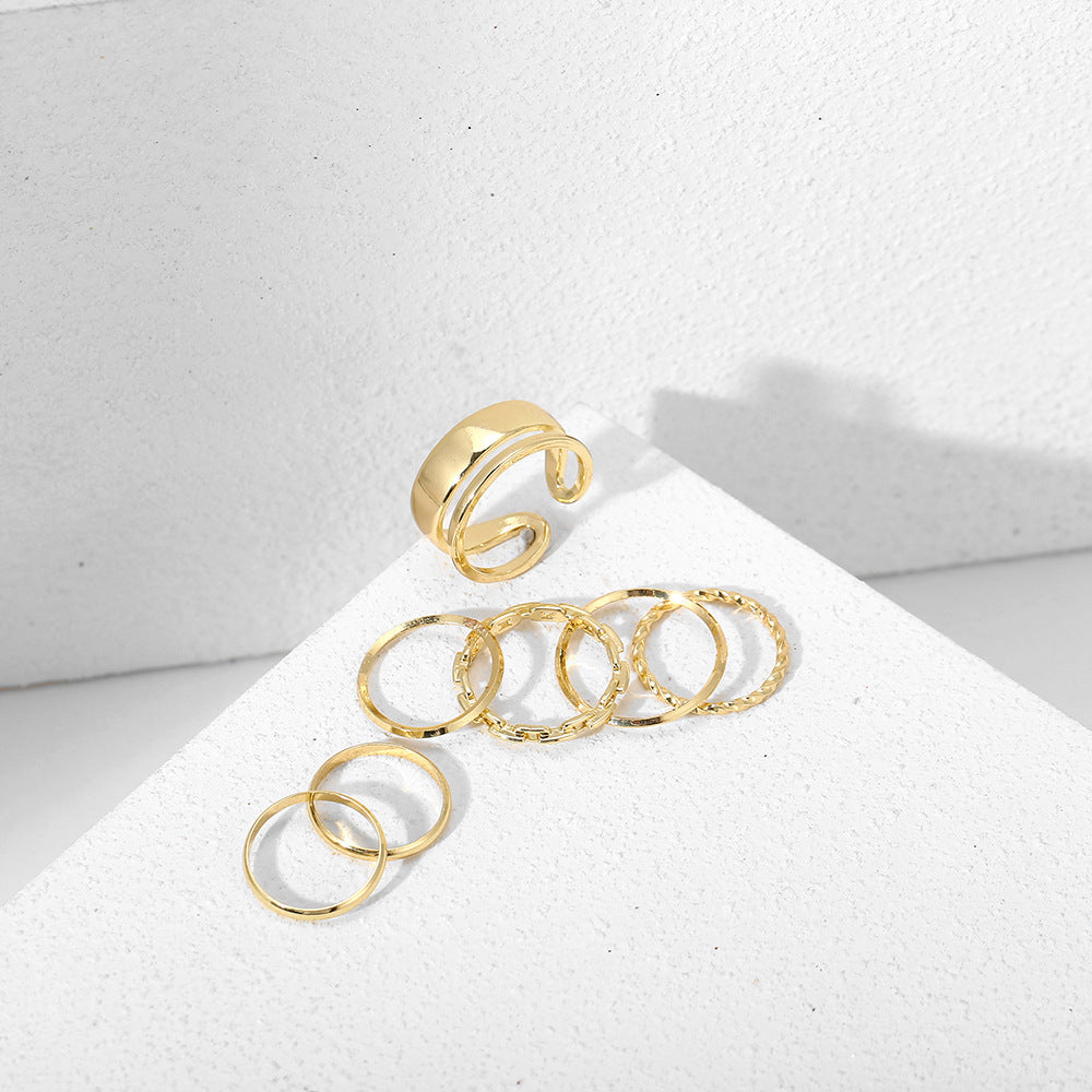 Simple Geometric Twist Chain Alloy Ring Set - 7 Pieces