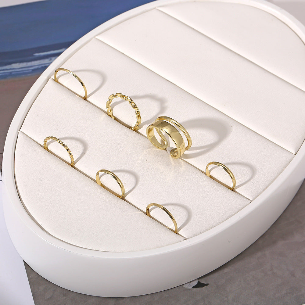 Simple Geometric Twist Chain Alloy Ring Set - 7 Pieces