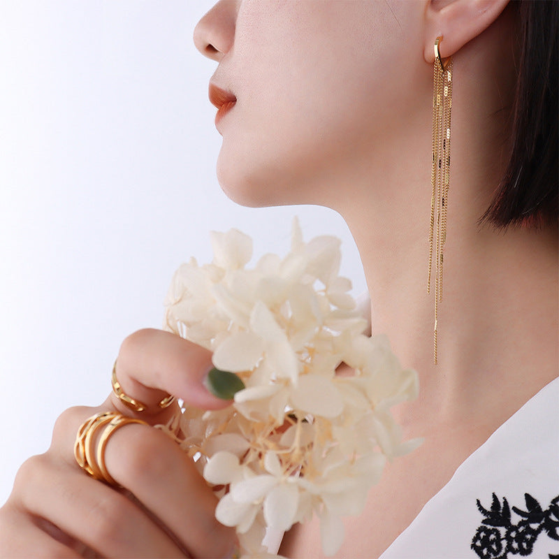 Simple Fashion Long Tassel 18K Gold Plated Titanium Steel Earrings