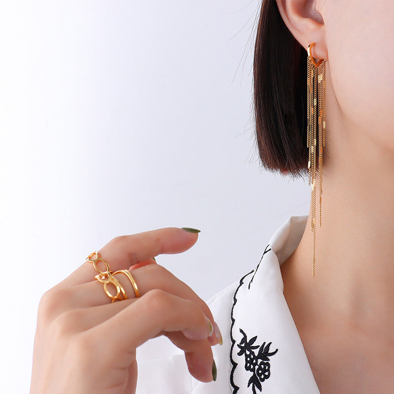 Simple Fashion Long Tassel 18K Gold Plated Titanium Steel Earrings