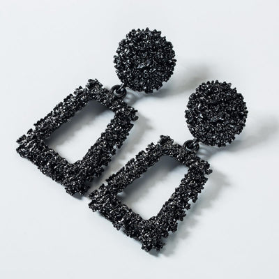 Simple Geometric Black Alloy Floral Statement Earrings