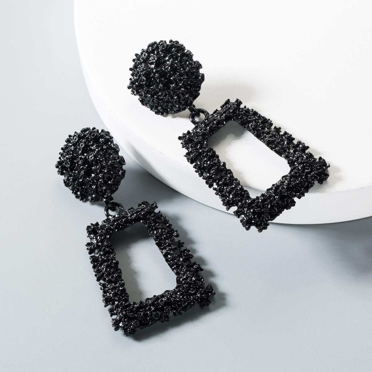 Simple Geometric Black Alloy Floral Statement Earrings