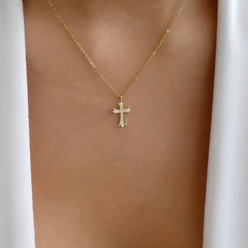 Simple Geometric Rhinestone Cross Pendant Necklace