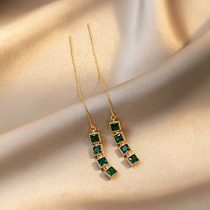 Simple Geometric Emerald Tassel Earrings and Solid Color Stand Collar Short Sleeve Shirt for Women