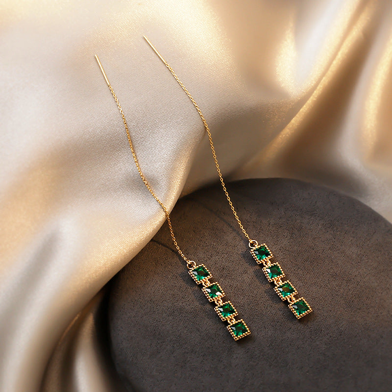 Simple Geometric Emerald Tassel Earrings and Solid Color Stand Collar Short Sleeve Shirt for Women