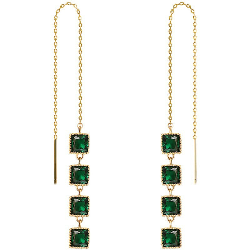 Simple Geometric Emerald Tassel Earrings and Solid Color Stand Collar Short Sleeve Shirt for Women