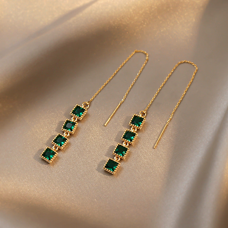 Simple Geometric Emerald Tassel Earrings and Solid Color Stand Collar Short Sleeve Shirt for Women