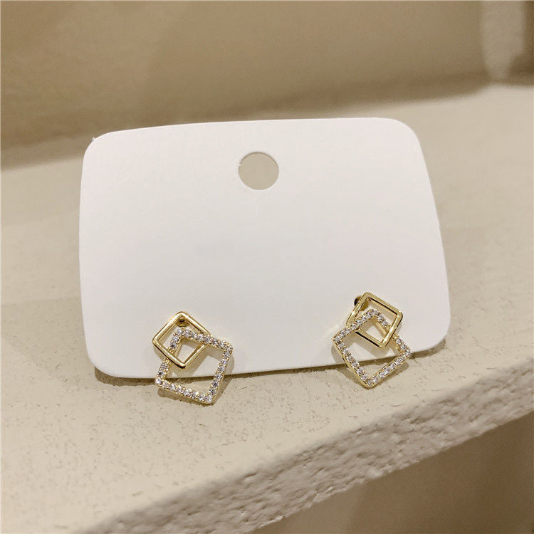 Simple Geometric Square Silver Stud Earrings
