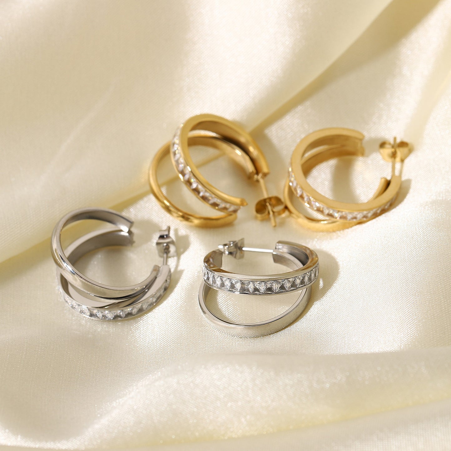 Simple Gold-plated Double Layer Cross Zirconia Stud Earrings for Women