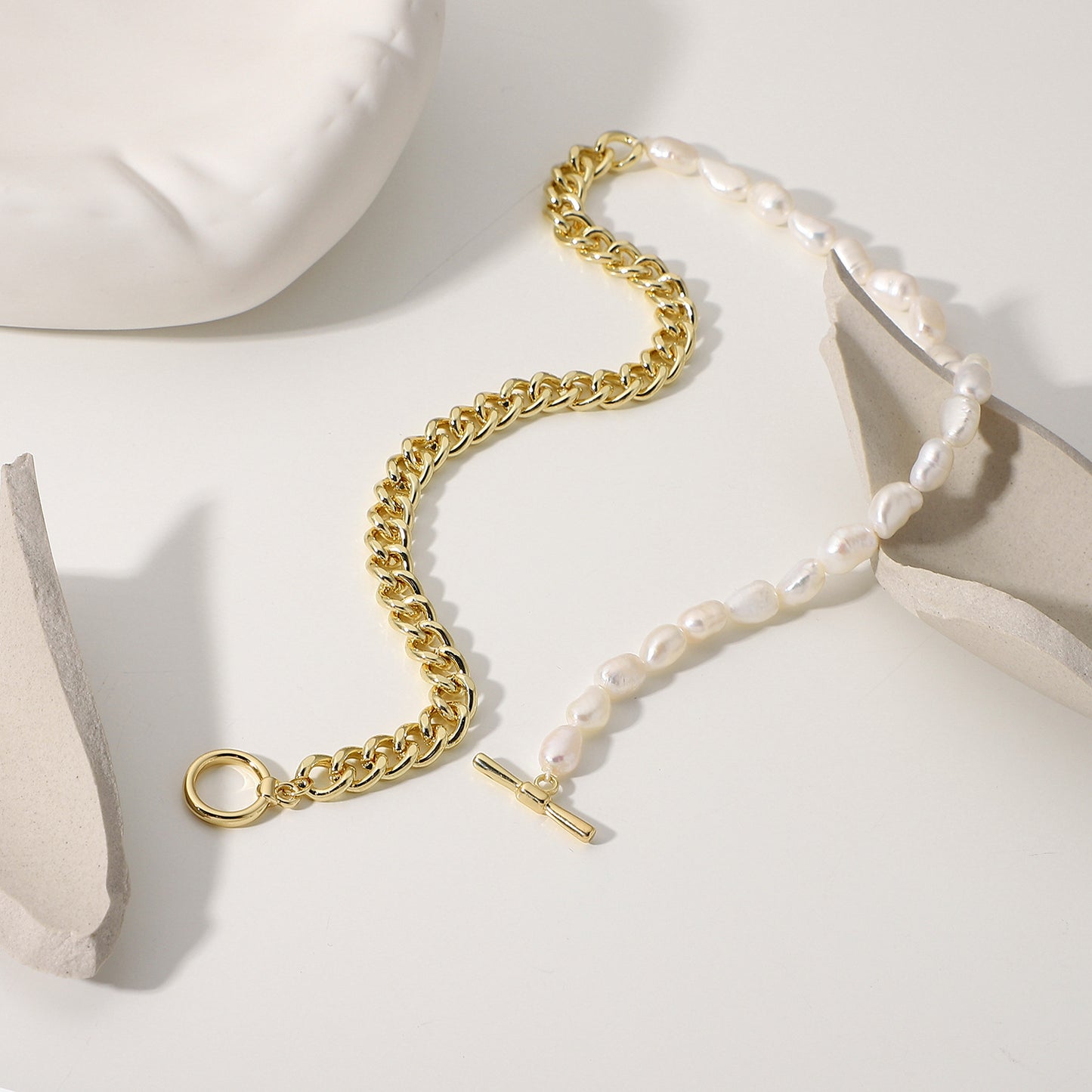 Simple Pearl and Metal Splicing Chain 14k Gold Plated Stainless Steel Necklace