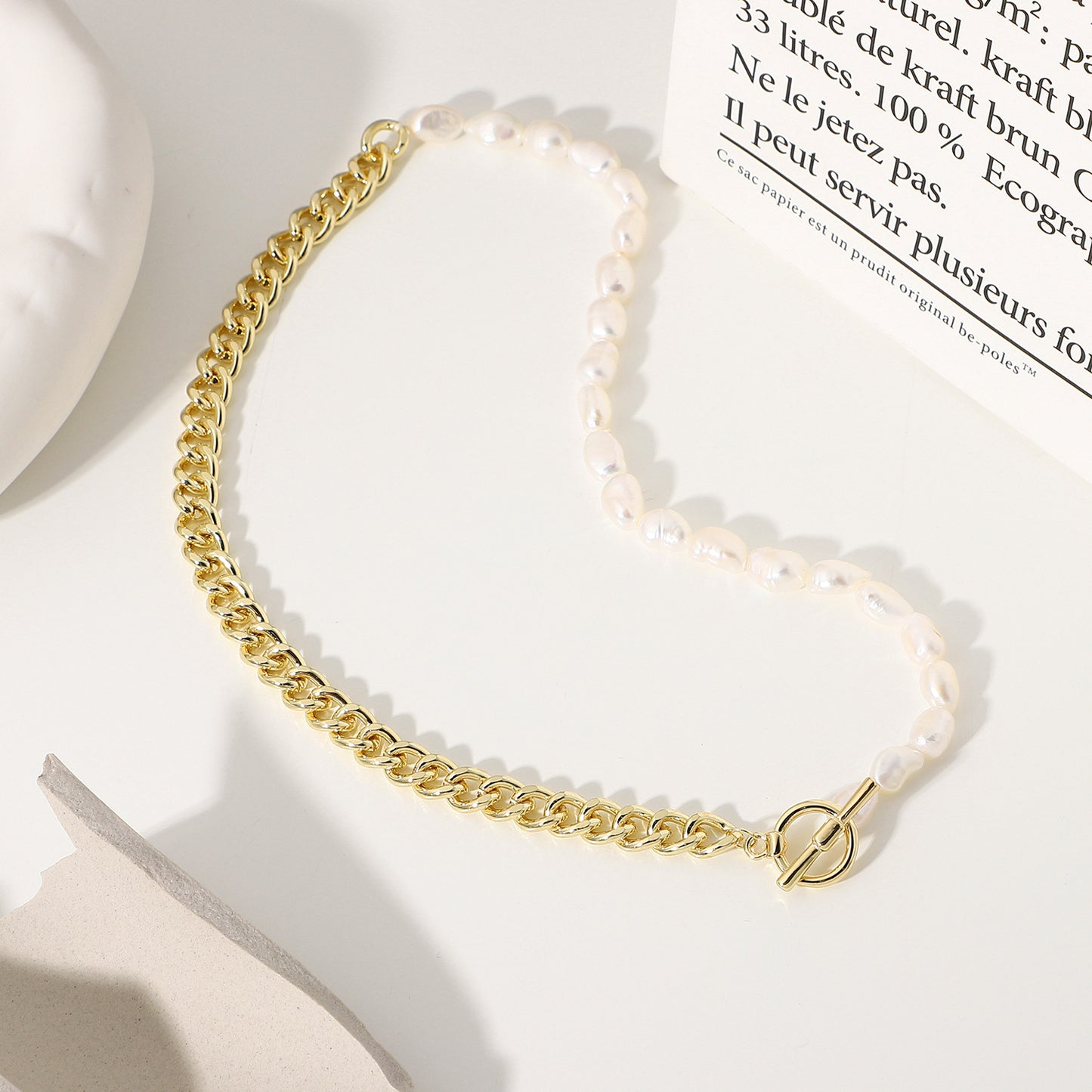 Simple Pearl and Metal Splicing Chain 14k Gold Plated Stainless Steel Necklace