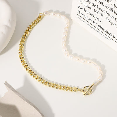 Simple Pearl and Metal Splicing Chain 14k Gold Plated Stainless Steel Necklace