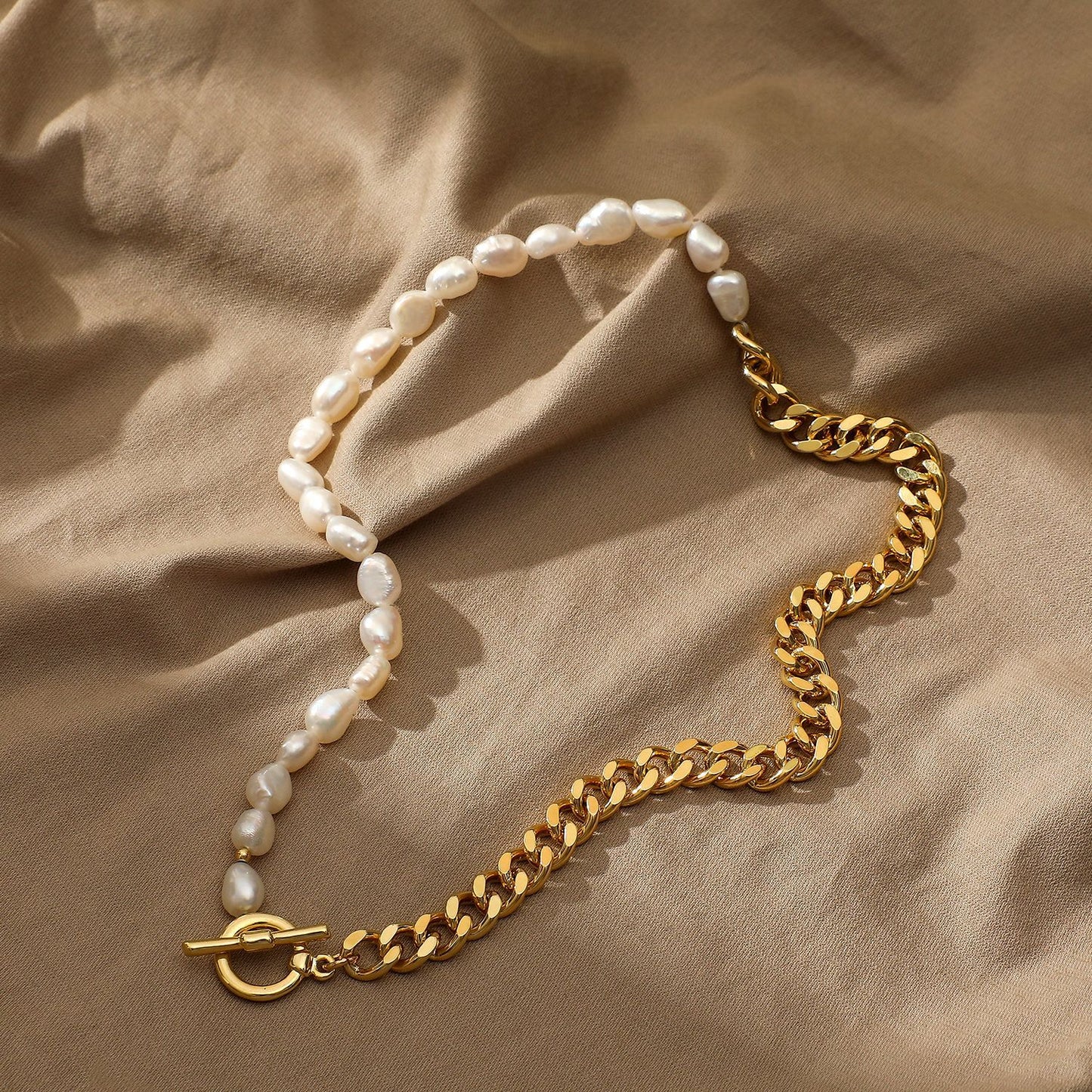 Simple Pearl and Metal Splicing Chain 14k Gold Plated Stainless Steel Necklace