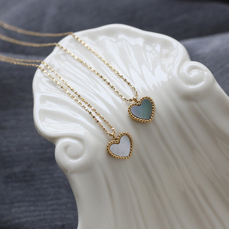 Simple Heart Gray White Shell Titanium Steel Necklace with Starry Sky Design, 18K Gold Plated