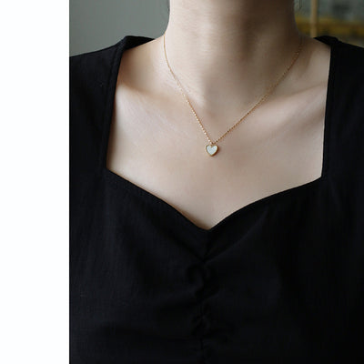Simple Heart Gray White Shell Titanium Steel Necklace with Starry Sky Design, 18K Gold Plated