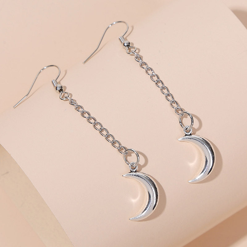Simple Silver Moon Chain Earrings - Minimalist Trendy Dangle Jewelry