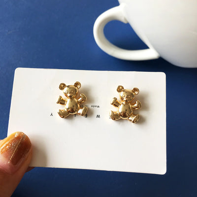 Simple Metal 3D Bear Stud Earrings - S925 Silver Pin Cute Minimalist Design