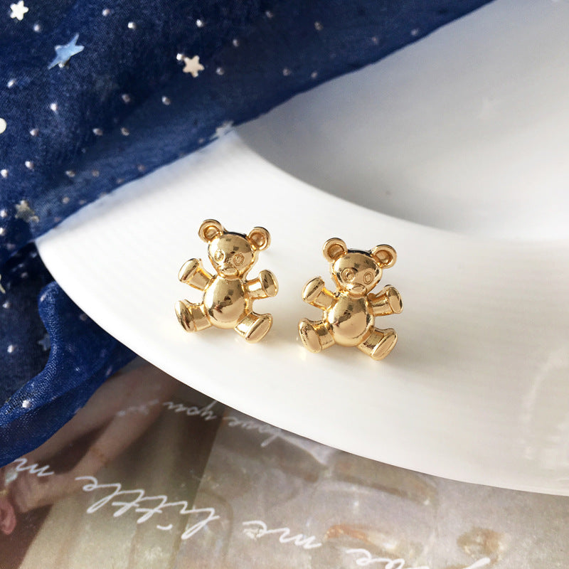 Simple Metal 3D Bear Stud Earrings - S925 Silver Pin Cute Minimalist Design