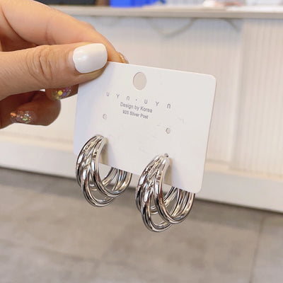 Simple Multi-layered C-shaped Alloy Hoop Earrings with 925 Silver Needle