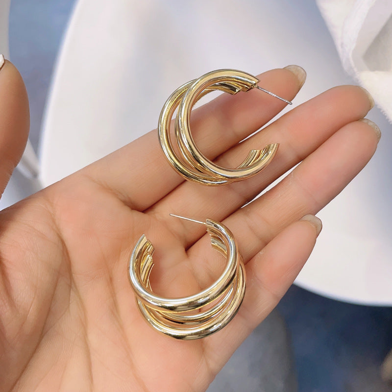 Simple Multi-layered C-shaped Alloy Hoop Earrings with 925 Silver Needle