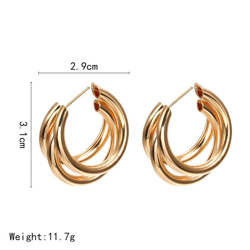 Simple Multi-layered C-shaped Alloy Hoop Earrings with 925 Silver Needle