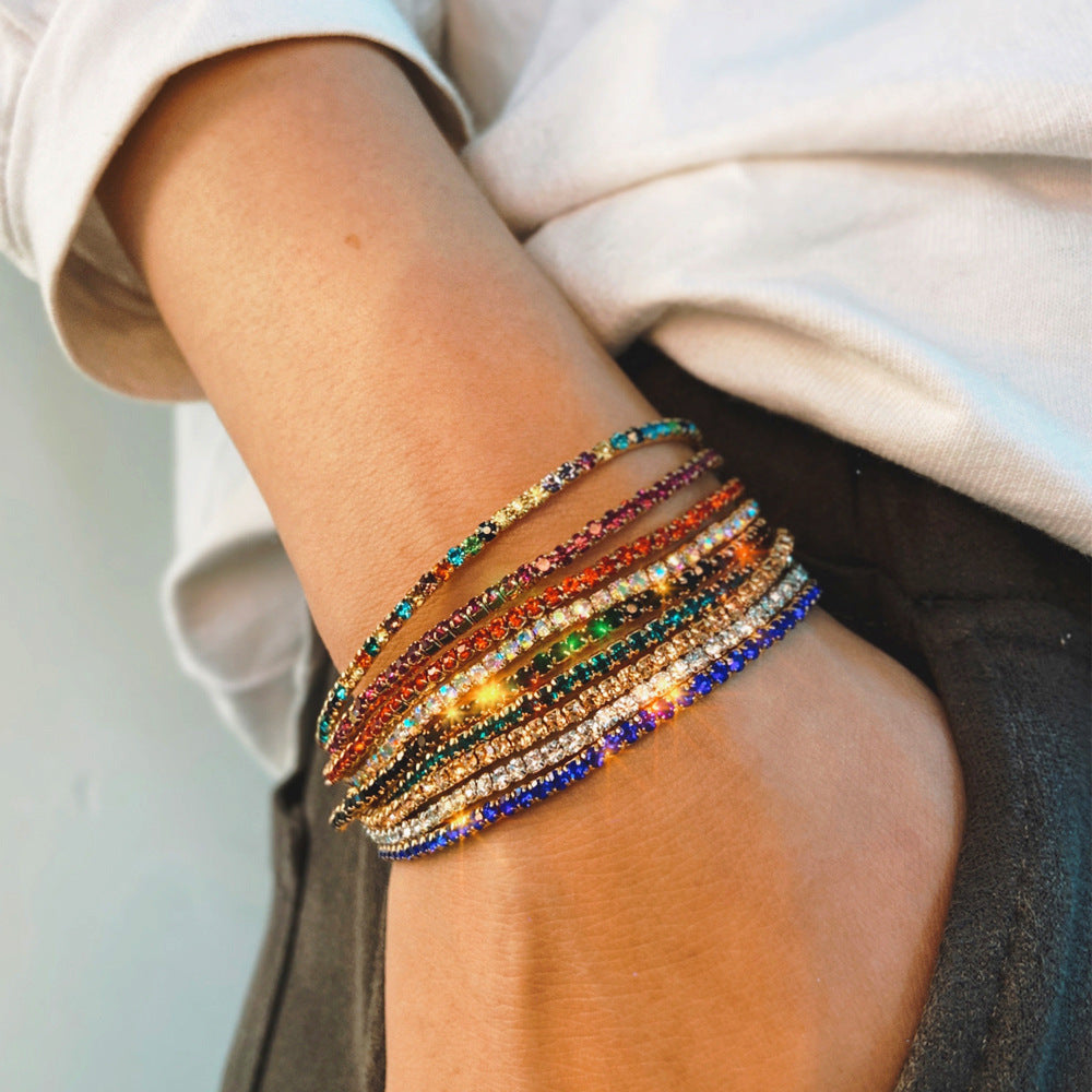 Simple Multicolor Rhinestone Elastic Bracelet 2mm Bling Chain