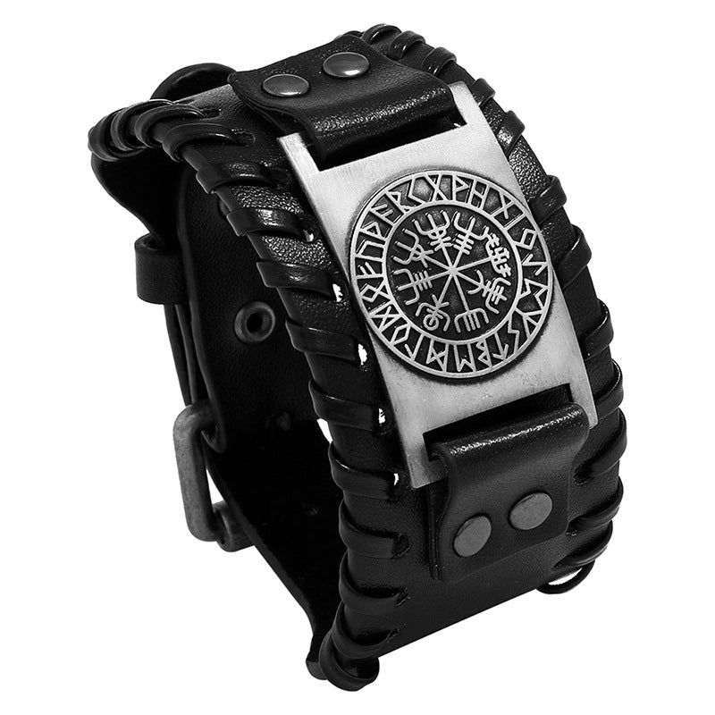 Simple Retro Nordic Viking Compass Leather Bracelet
